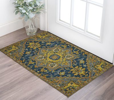 Blue Gray and Orange Wool Medallion Hand Tufted Area Rug