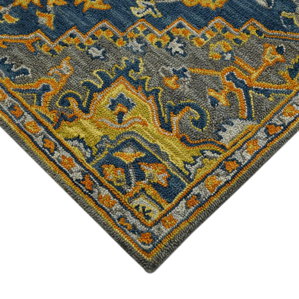 Blue Gray and Orange Wool Medallion Hand Tufted Area Rug