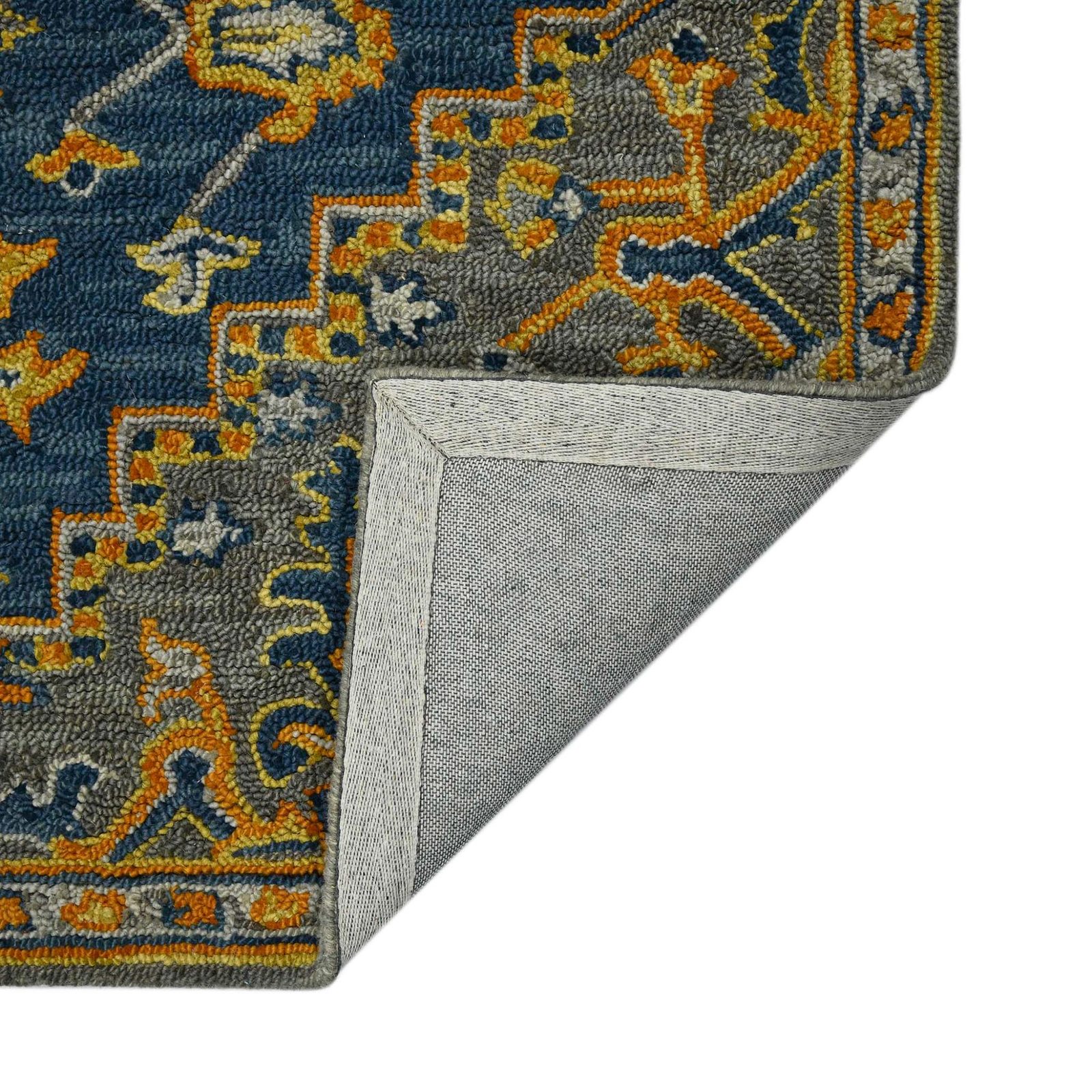 Blue Gray and Orange Wool Medallion Hand Tufted Area Rug