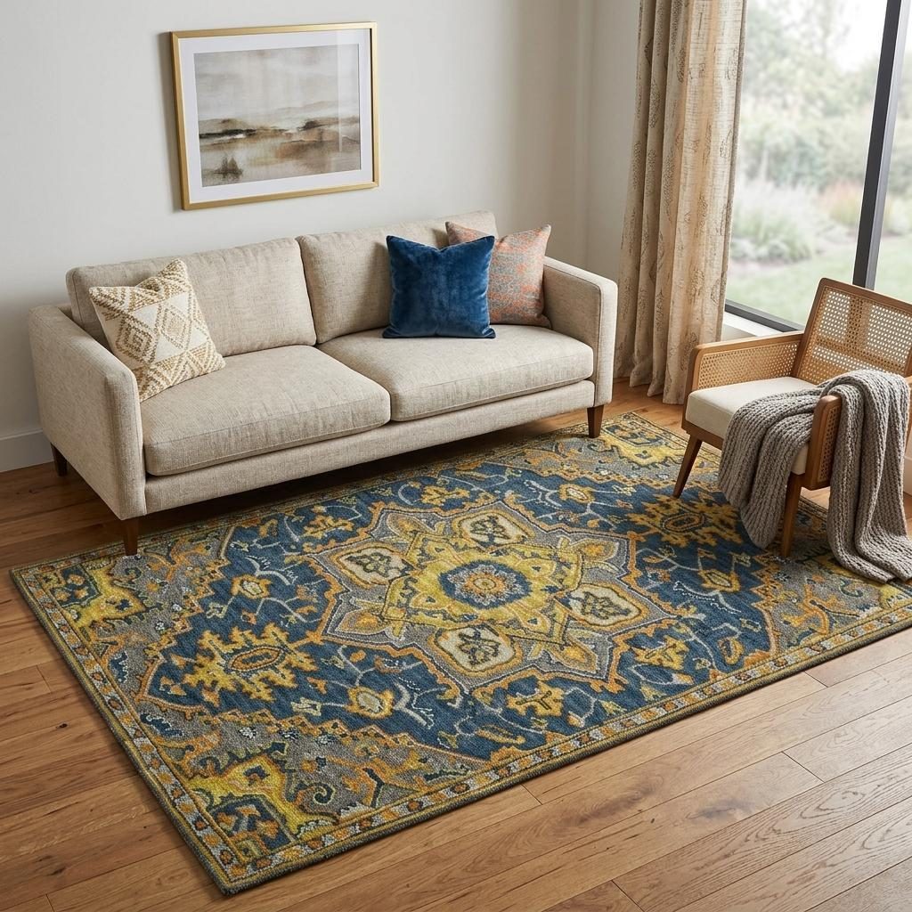 Blue Gray and Orange Wool Medallion Hand Tufted Area Rug, 5′ × 8′