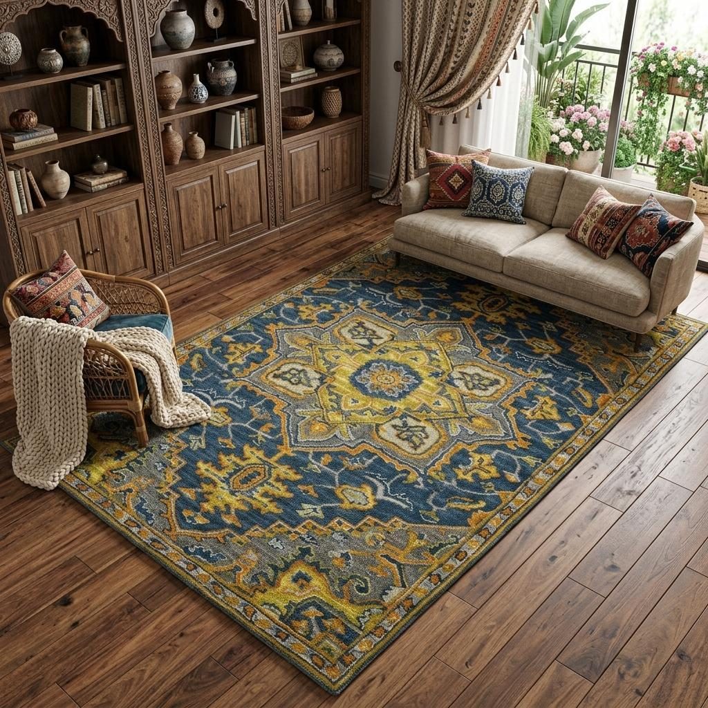 Blue Gray and Orange Wool Medallion Hand Tufted Area Rug, 8′ × 11′