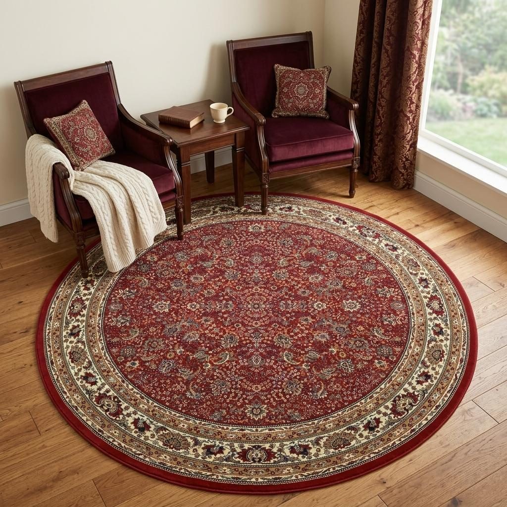 Red and Ivory Polypropylene Rectangle Area Rug, 6′ Round