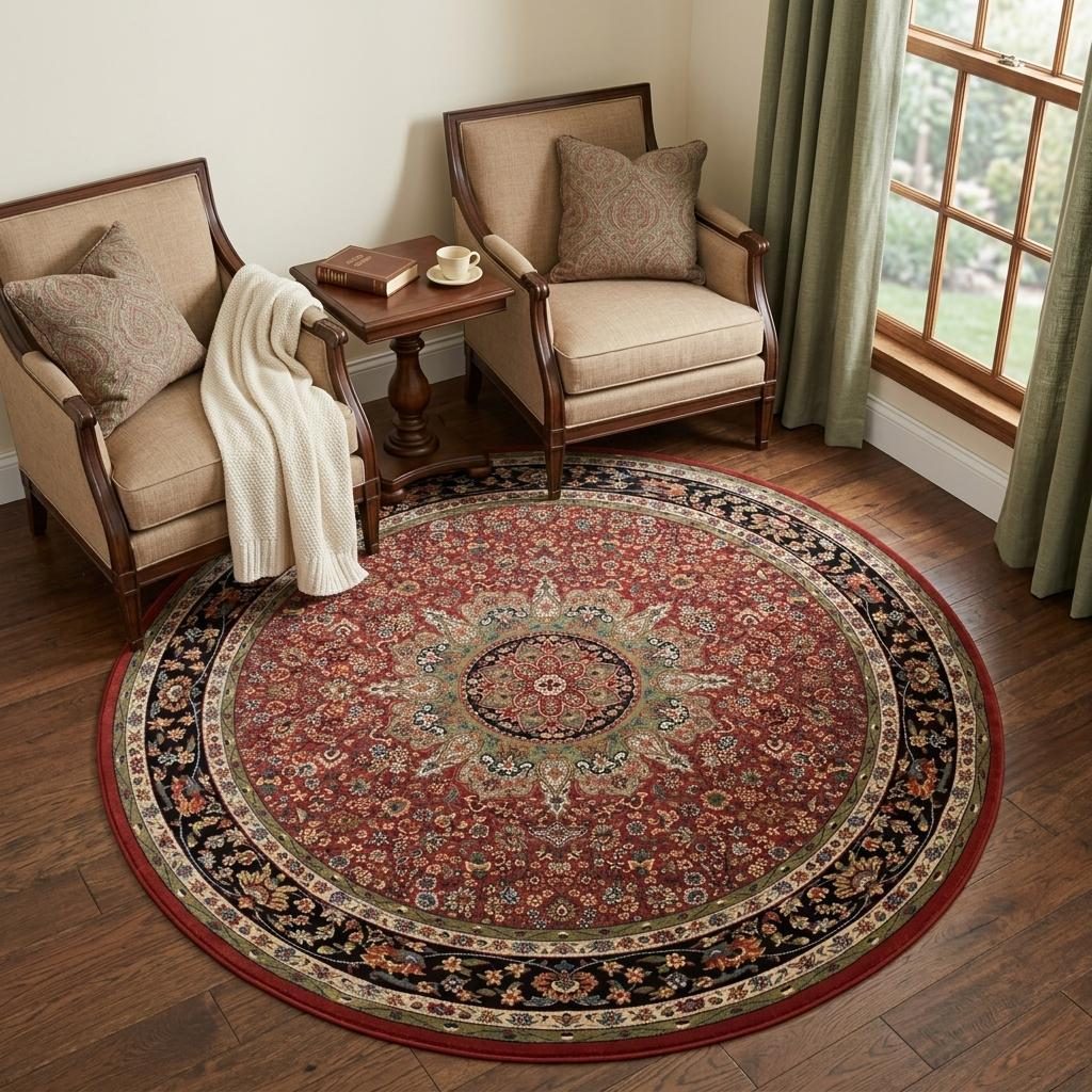 Red and Blue Polypropylene Oriental Area Rug, 6′ Round