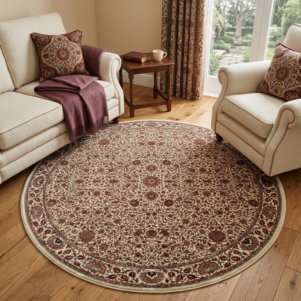 Ivory and Green Oriental Polypropylene Area Rug, 6′ Round