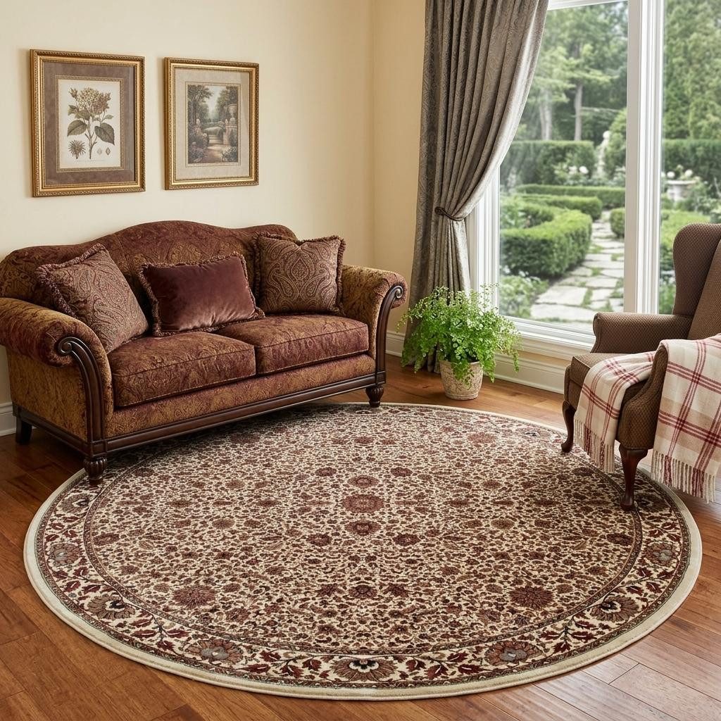 Ivory and Green Oriental Polypropylene Area Rug, 8′ Round