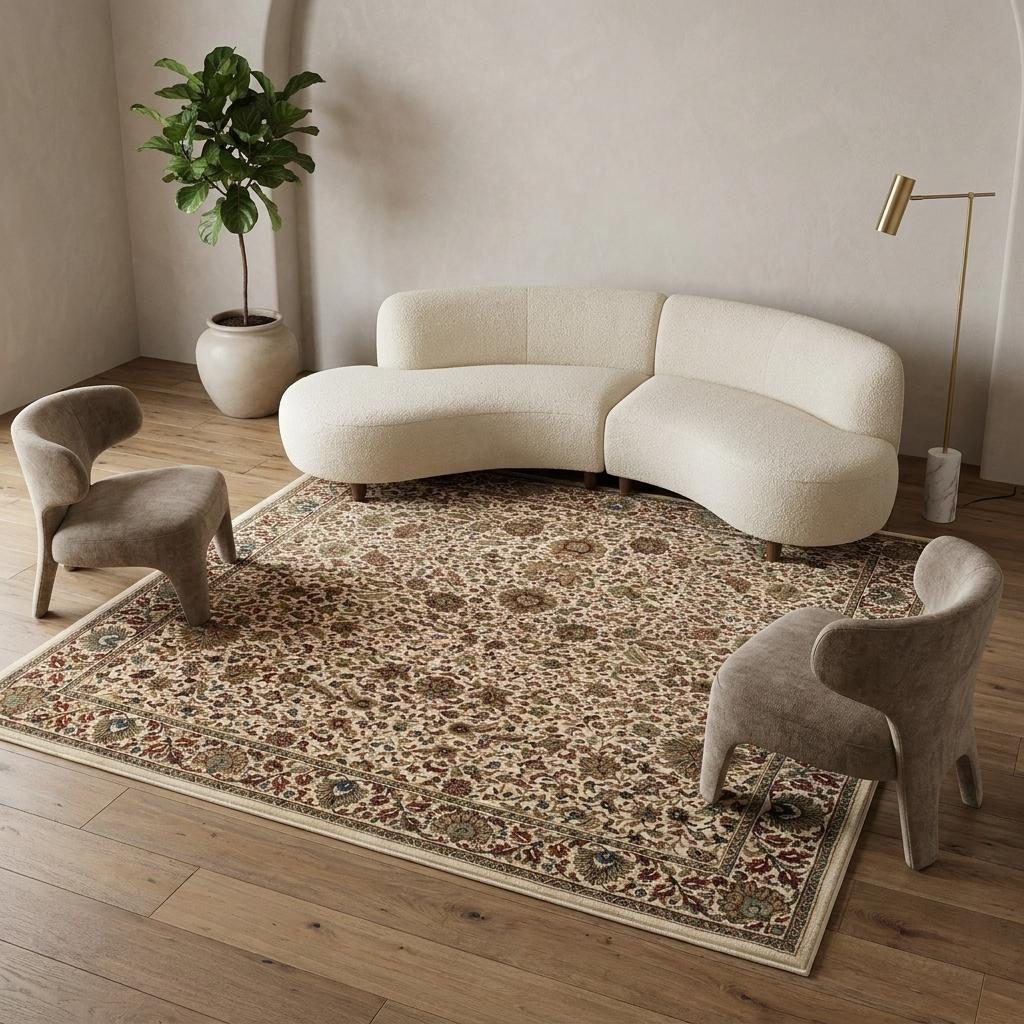 Ivory and Green Oriental Polypropylene Area Rug, 8′ Square
