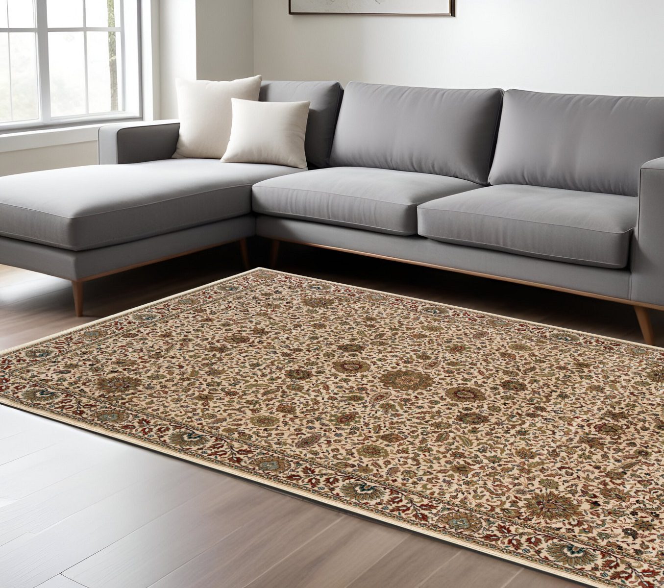 Ivory and Green Oriental Polypropylene Area Rug, 8′ × 11′