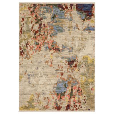 Beige Salmon Tan Abstract Wool Rectangle Area Rug With Fringe