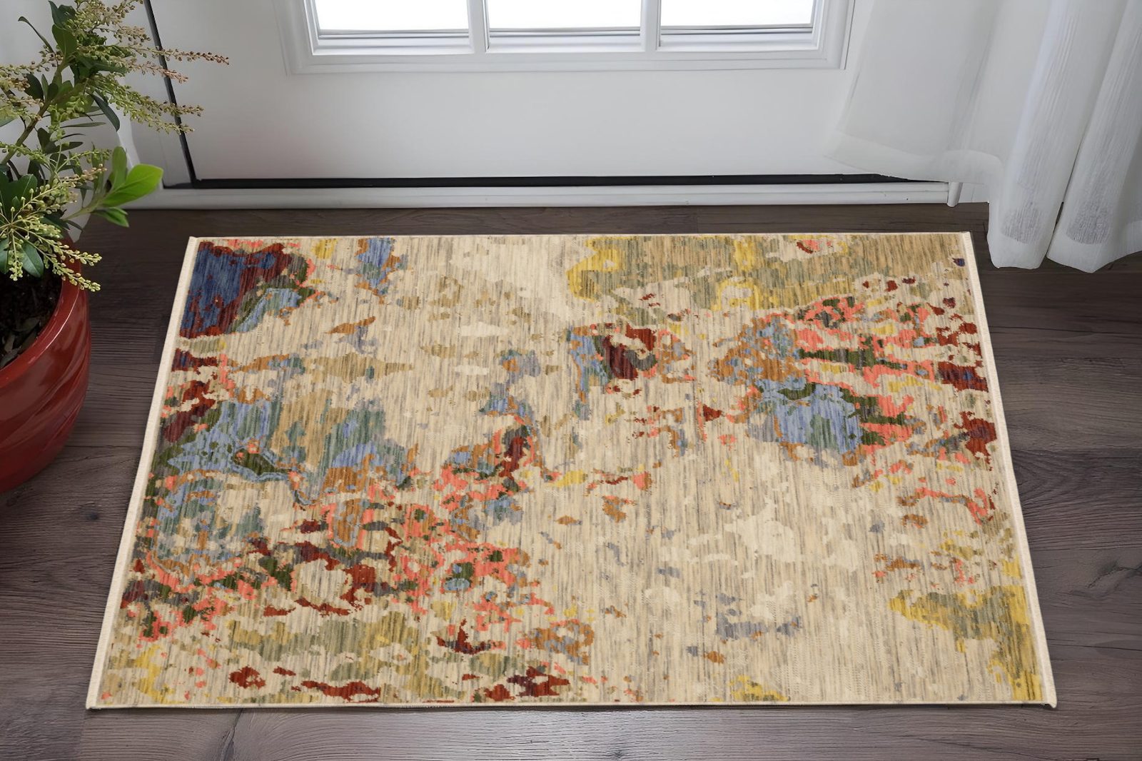 Beige Salmon Tan Abstract Wool Rectangle Area Rug With Fringe, 3′ × 5′