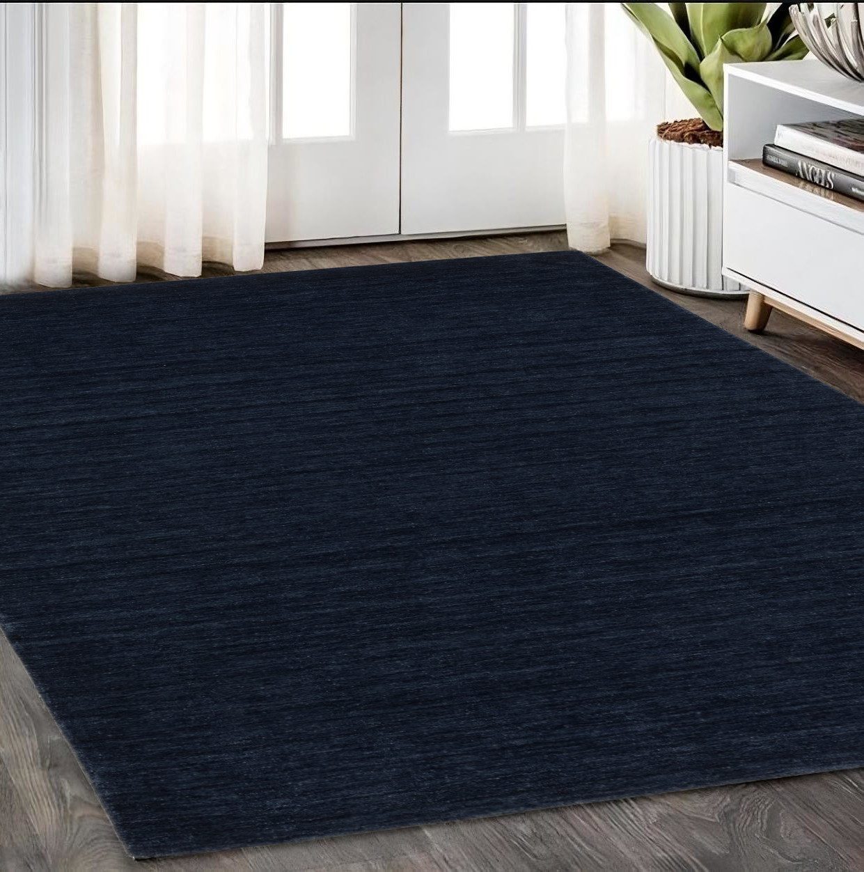Navy Blue Wool Hand Tufted Area Rug, 5′ × 8′