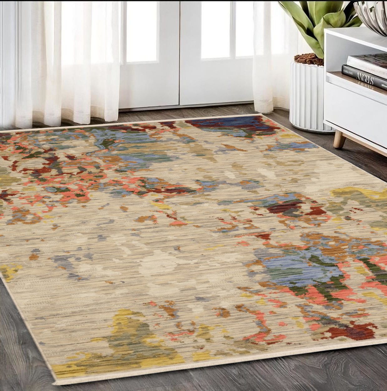 Beige Salmon Tan Abstract Wool Rectangle Area Rug With Fringe, 5′ × 8′