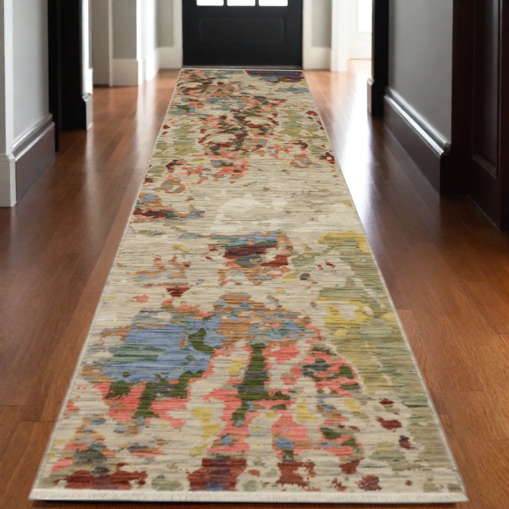 Beige Salmon Tan Abstract Wool Rectangle Area Rug With Fringe, 12′ Runner