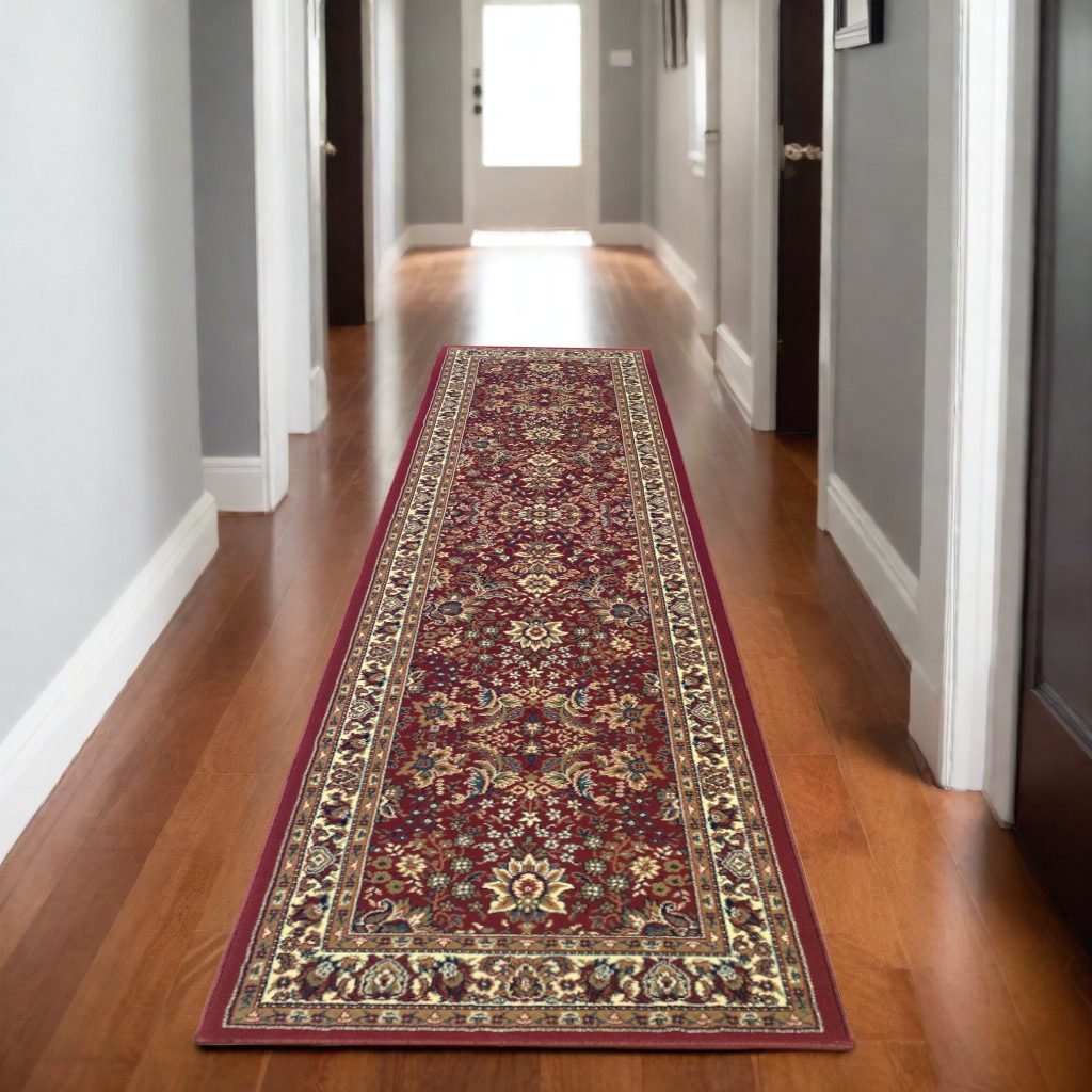 Red and Ivory Polypropylene Rectangle Area Rug, 8′ Runner