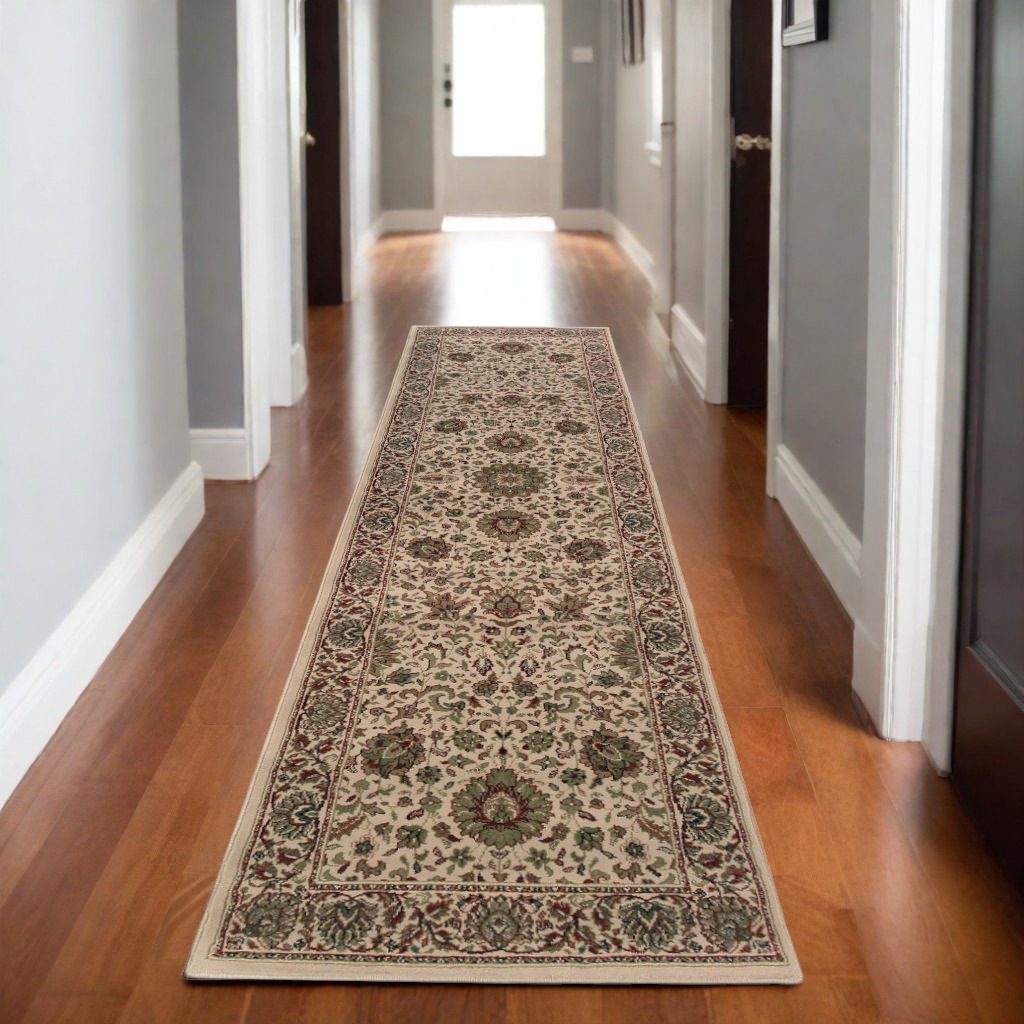 Ivory and Green Oriental Polypropylene Area Rug, 8′ Runner