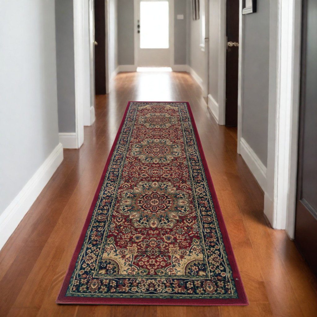 Red and Blue Polypropylene Oriental Area Rug, 9′ Runner