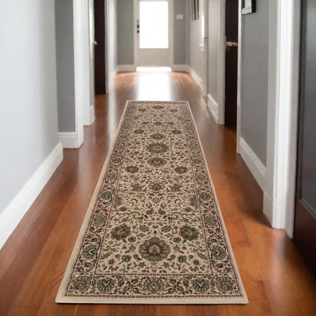 Ivory and Green Oriental Polypropylene Area Rug, 9′ Runner
