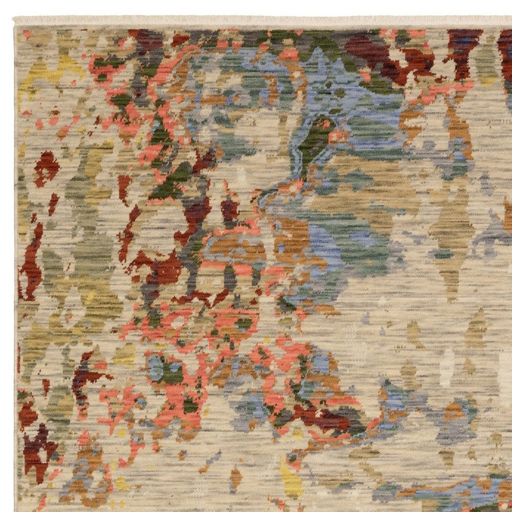 Beige Salmon Tan Abstract Wool Rectangle Area Rug With Fringe