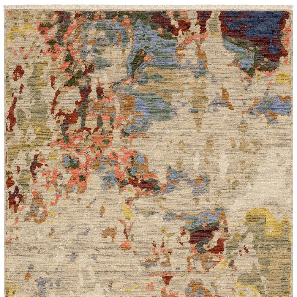 Beige Salmon Tan Abstract Wool Rectangle Area Rug With Fringe