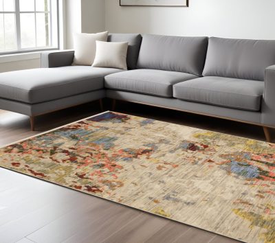 Beige Salmon Tan Abstract Wool Rectangle Area Rug With Fringe