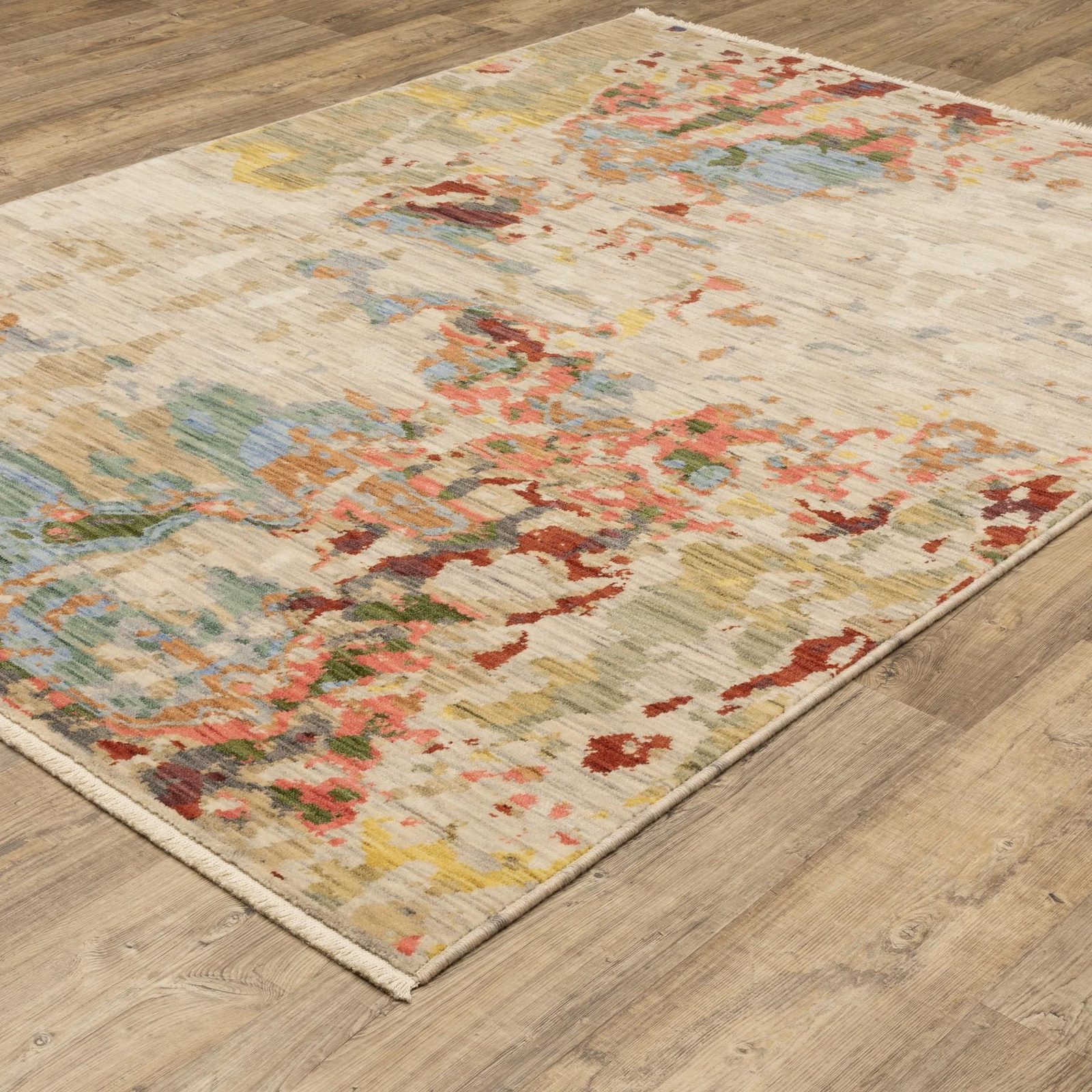 Beige Salmon Tan Abstract Wool Rectangle Area Rug With Fringe