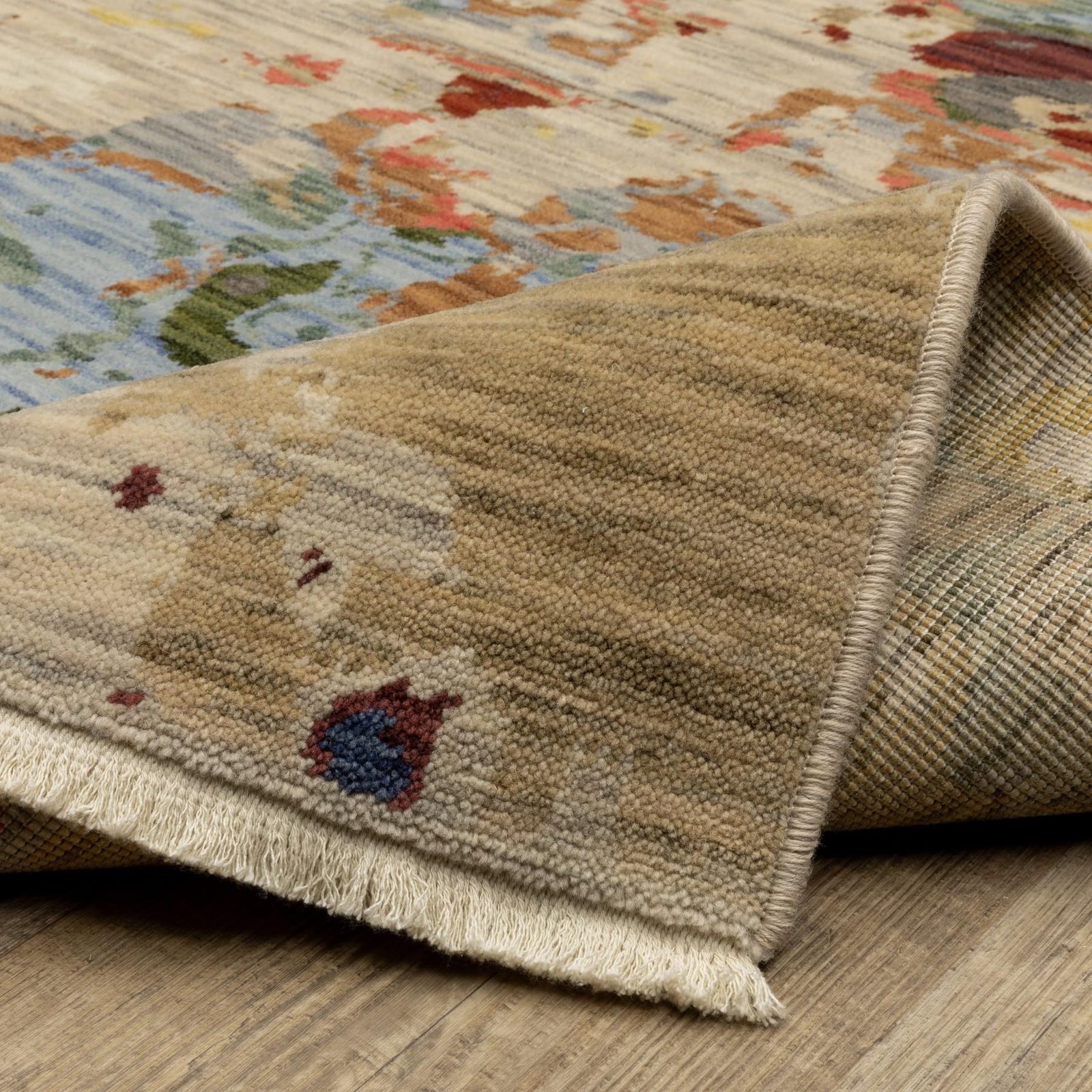 Beige Salmon Tan Abstract Wool Rectangle Area Rug With Fringe