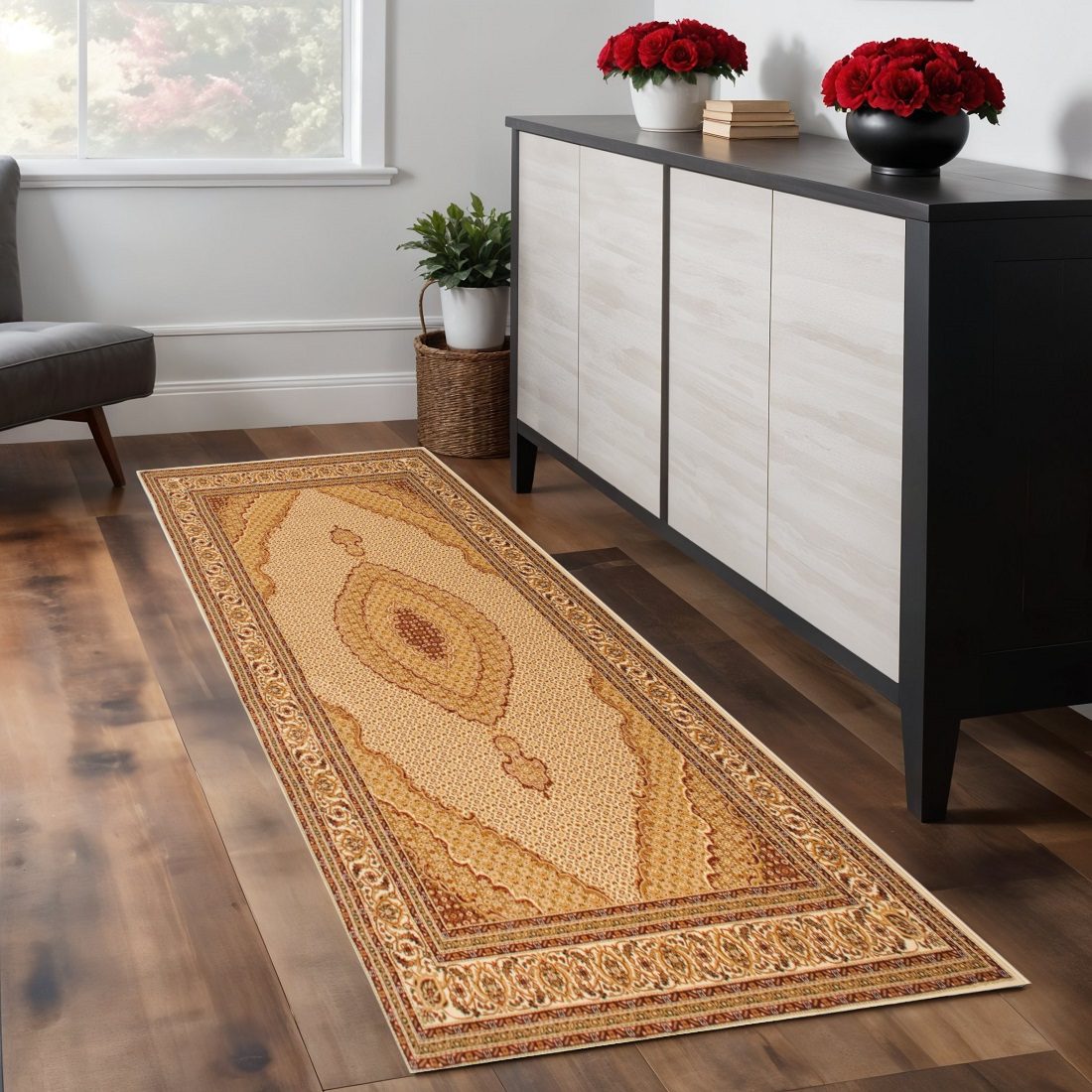 Rust and Gold Moroccan Polypropylene Area Rug, 9′ Runner