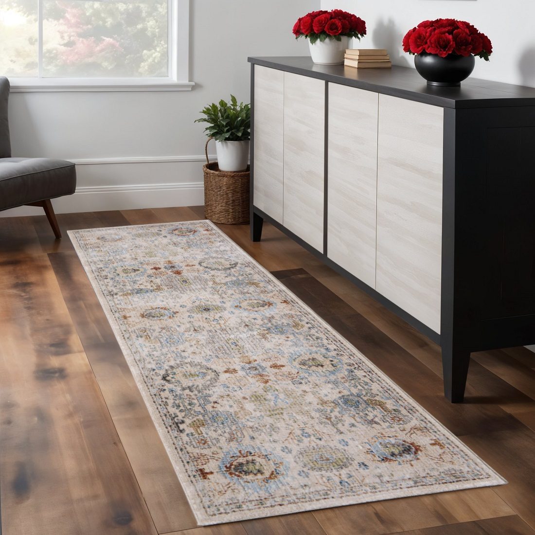 Ivory Red and Blue Floral Cotton Power Loom Area Rug, 8′ Runner