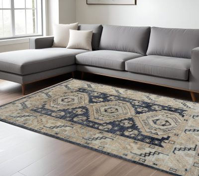Blue and Ivory Geometric Wool Hand Knotted Area Rug