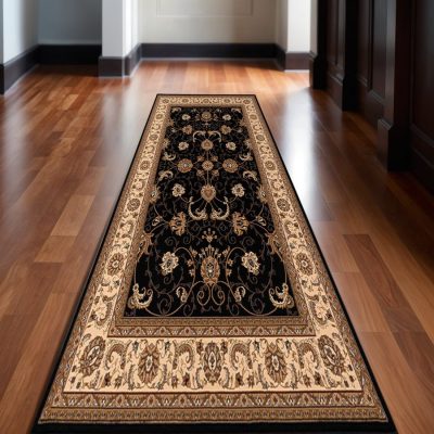 Beige and Black Polypropylene Oriental Runner Rug