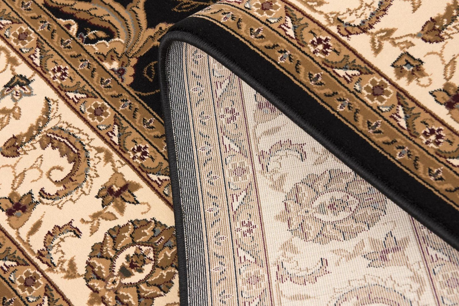 Beige and Black Polypropylene Oriental Runner Rug