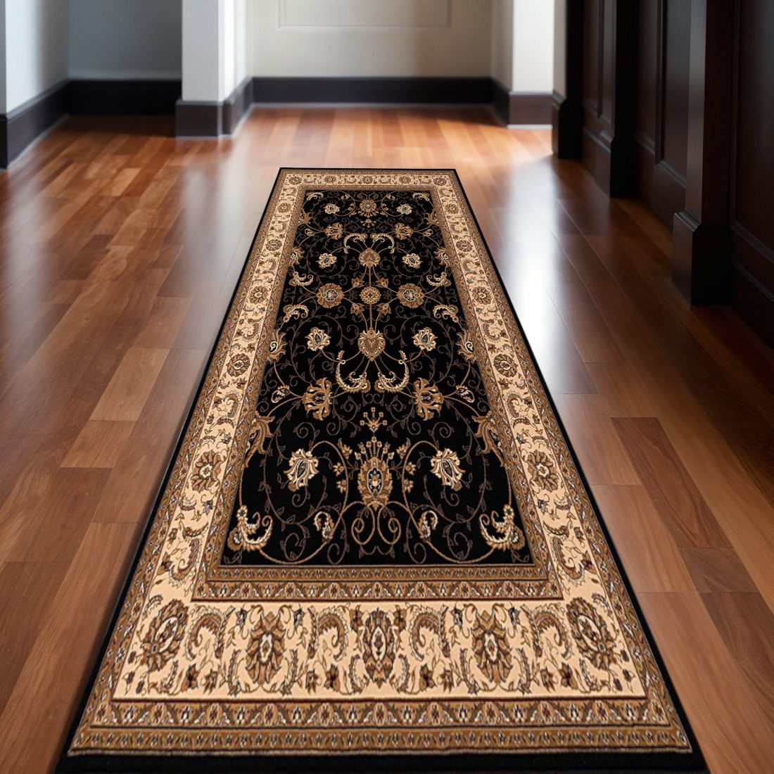 Beige and Black Polypropylene Oriental Runner Rug