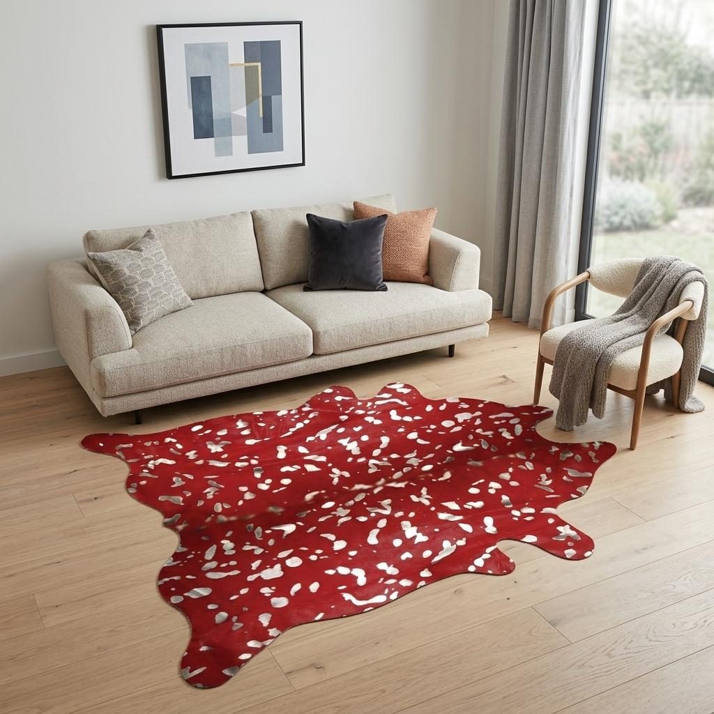 6′ X 7′ Red And Silver Cowhide Area Rug