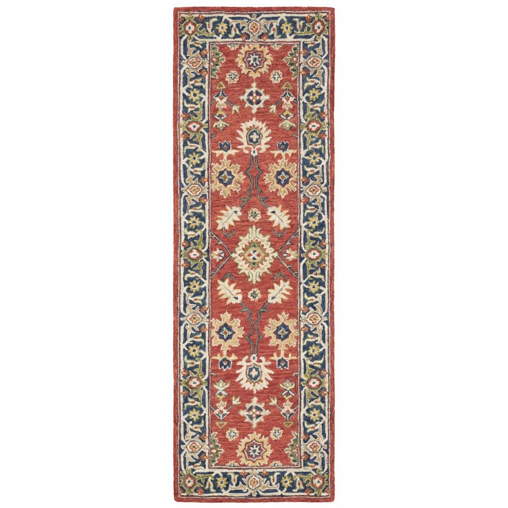 8′ Red and Green Wool Hand Tufted Runner Rug