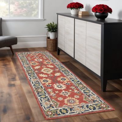 8′ Red and Green Wool Hand Tufted Runner Rug