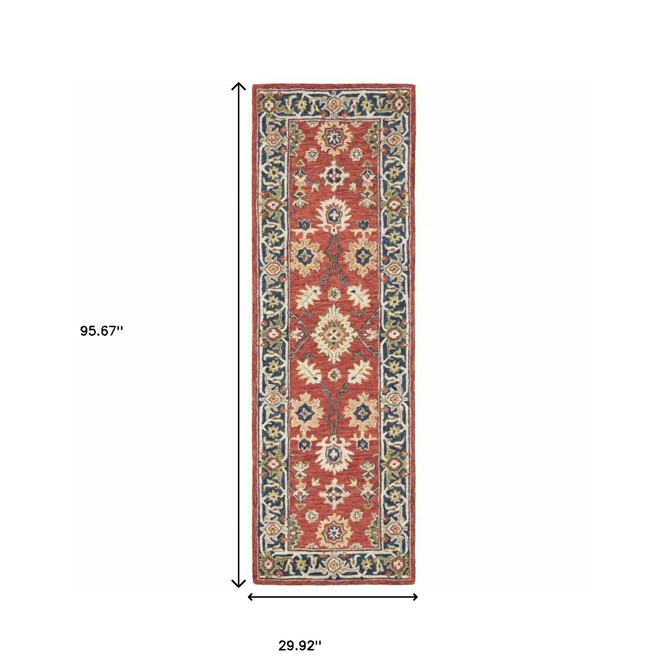 8′ Red and Green Wool Hand Tufted Runner Rug