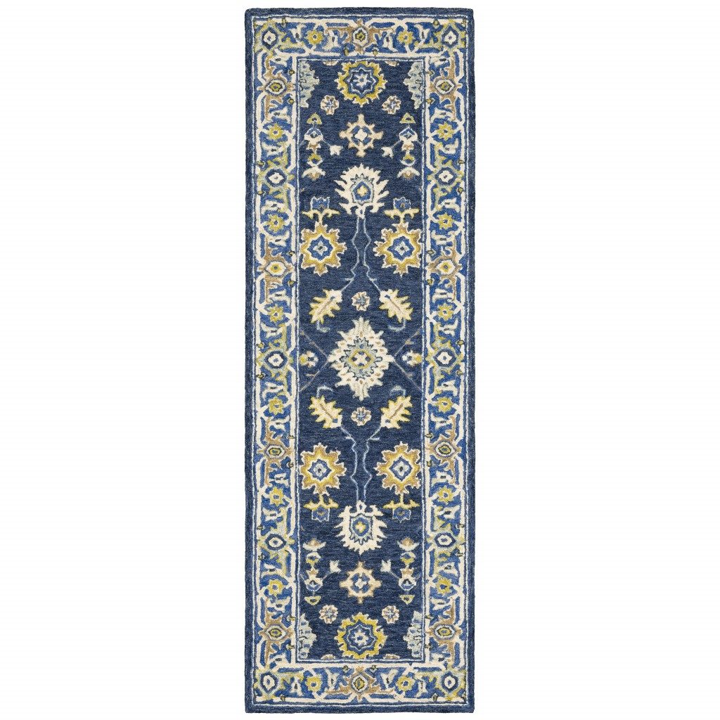 8′ Blue and Gold Wool Hand Tufted Runner Rug