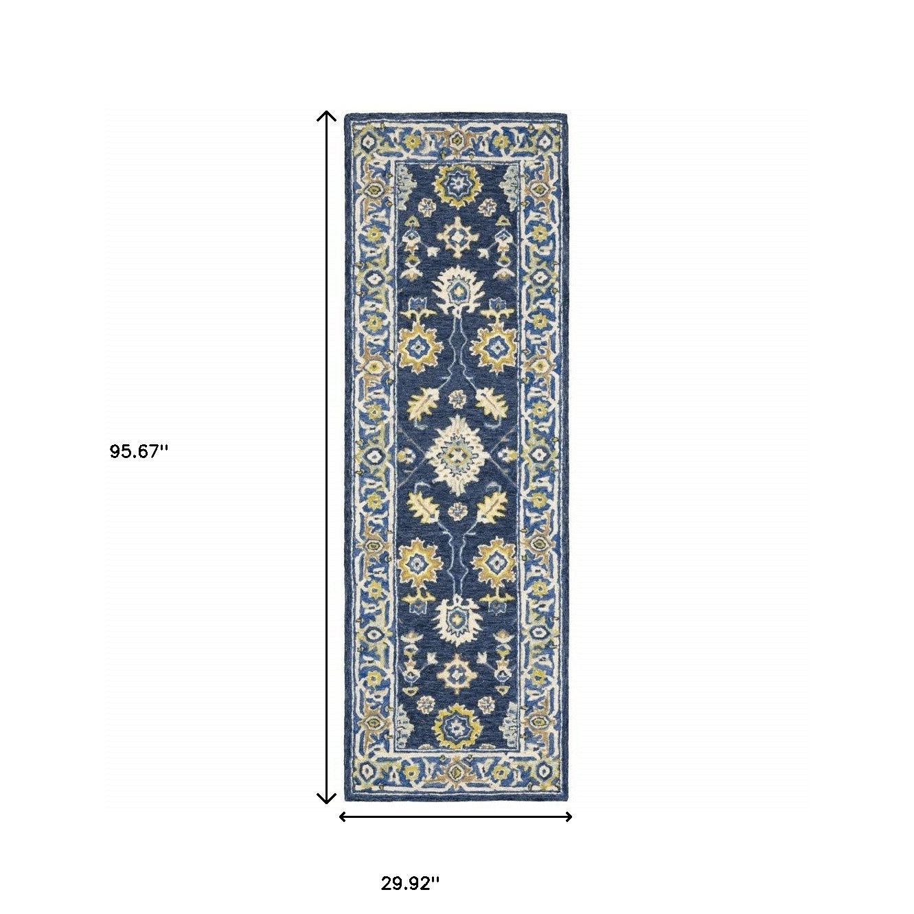 8′ Blue and Gold Wool Hand Tufted Runner Rug