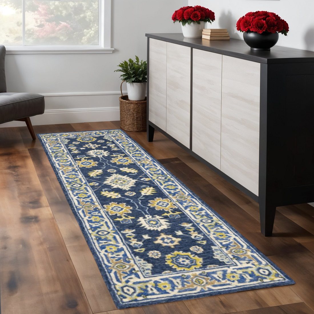 8′ Blue and Gold Wool Hand Tufted Runner Rug