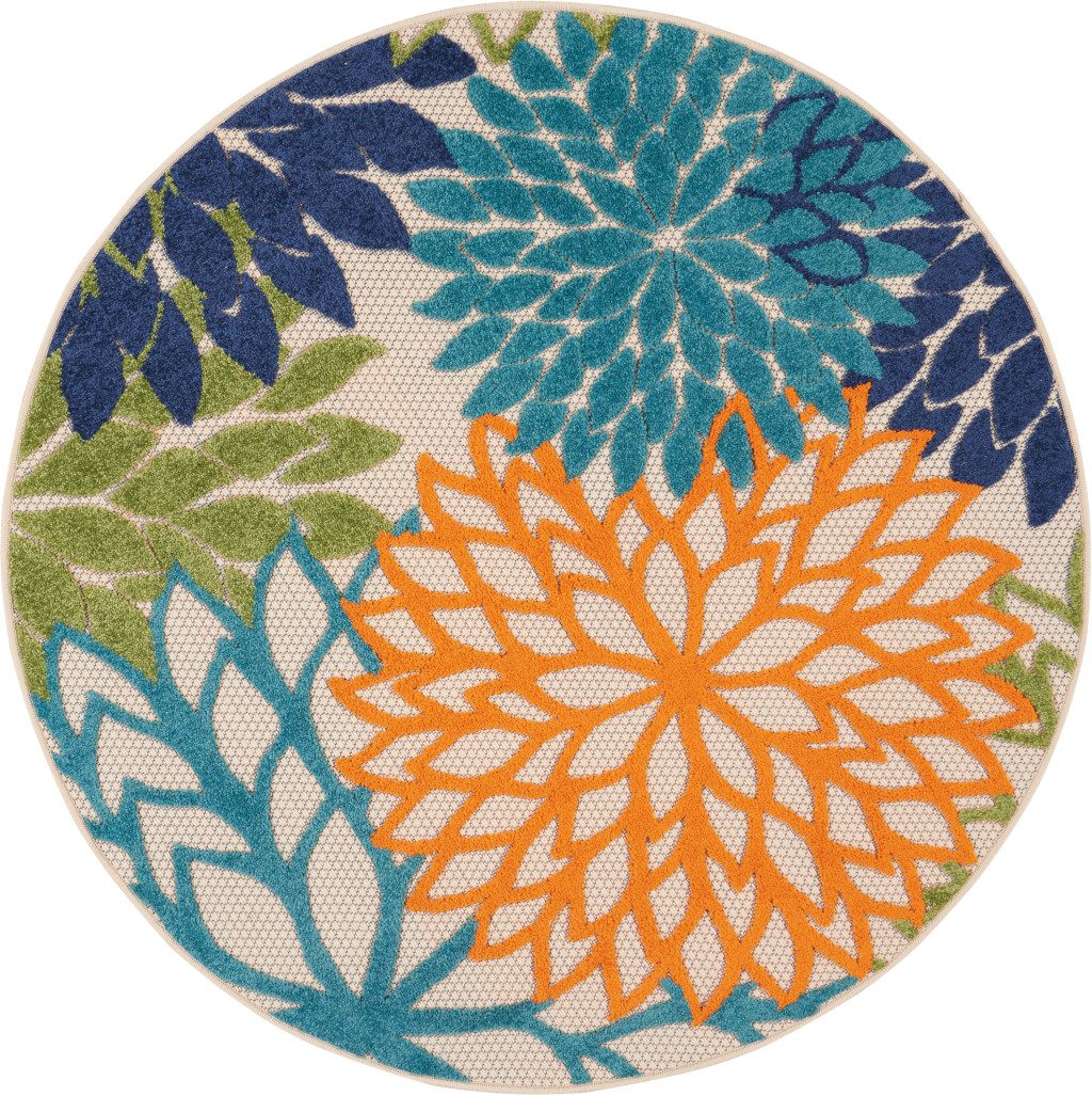 4′ Ivory and Blue Indoor Outdoor Round Rug II