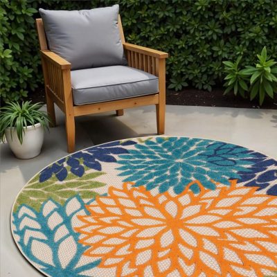 4′ Ivory and Blue Indoor Outdoor Round Rug II
