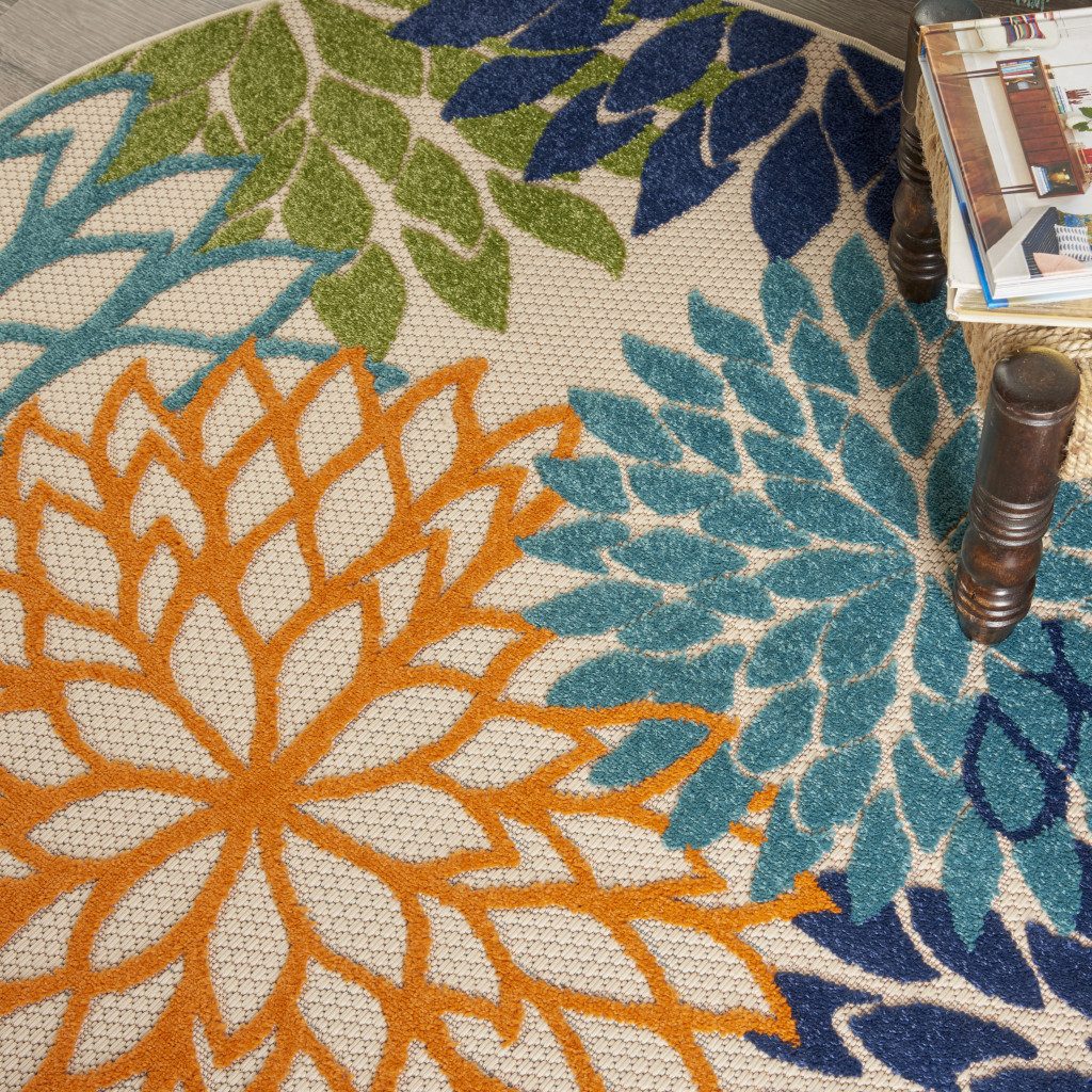 4′ Ivory and Blue Indoor Outdoor Round Rug II