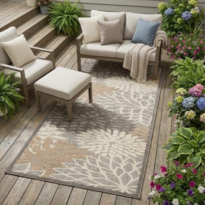 6′ Gray and Ivory Floral Indoor Outdoor Area Rug