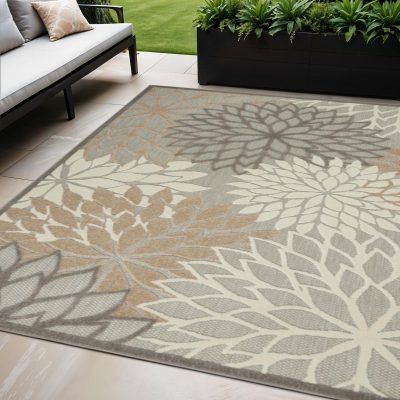 5′ X 8′ Gray and Ivory Floral Indoor-Outdoor Area Rug