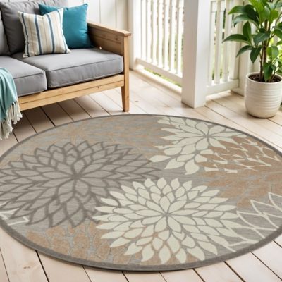 5′ Gray and Ivory Round Indoor Outdoor Area Rug
