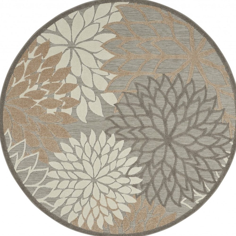 8′ Gray and Ivory Round Indoor Outdoor Area Rug