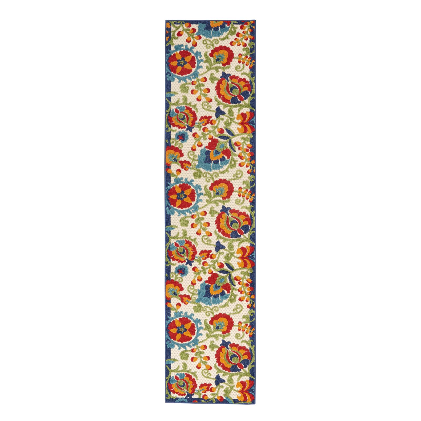 12′ Green and Ivory Floral Indoor Outdoor Runner Rug