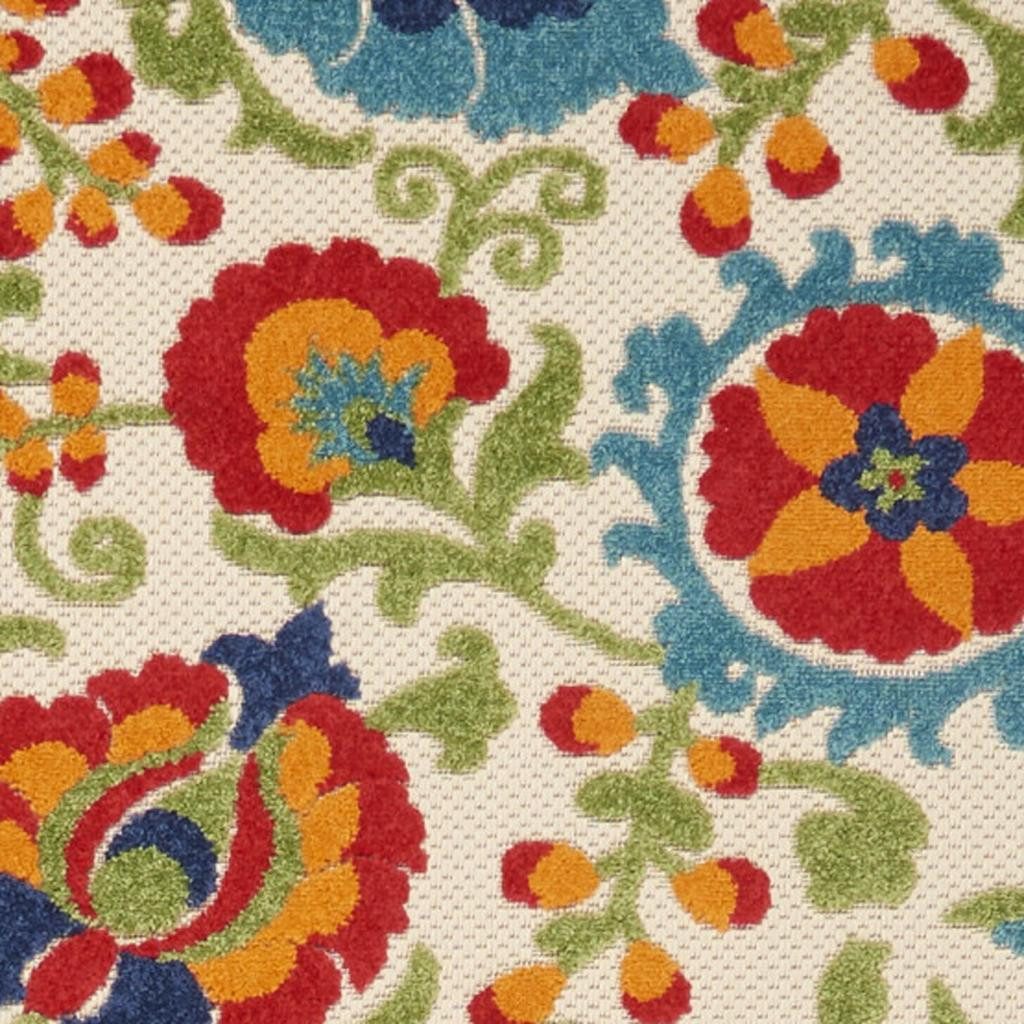 12′ Green and Ivory Floral Indoor Outdoor Runner Rug