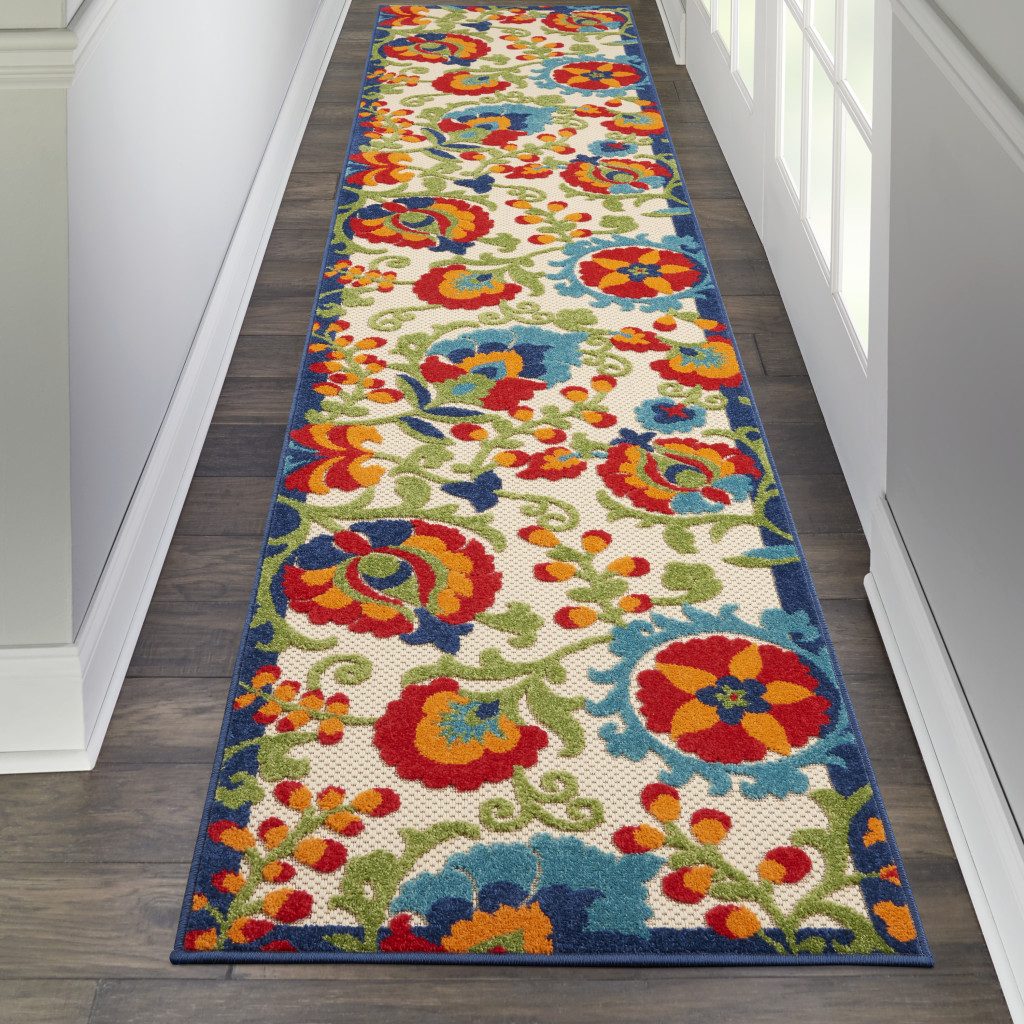 12′ Green and Ivory Floral Indoor Outdoor Runner Rug