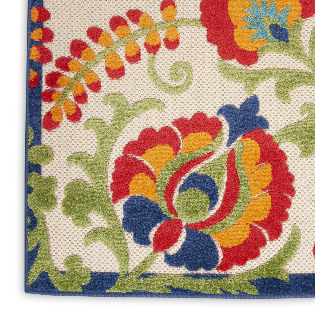 12′ Green and Ivory Floral Indoor Outdoor Runner Rug