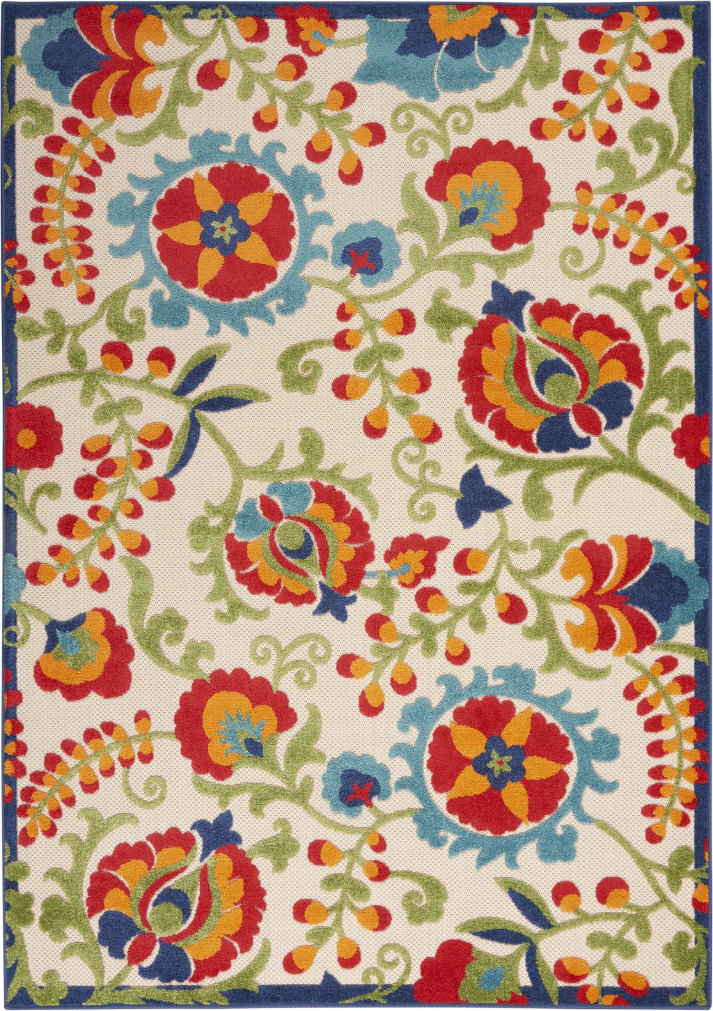 5′ X 8′ Green Ivory Floral Indoor Outdoor Area Rug